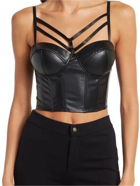 JUST ONE
black faux-leather (PU) strappy corset bustier crop top